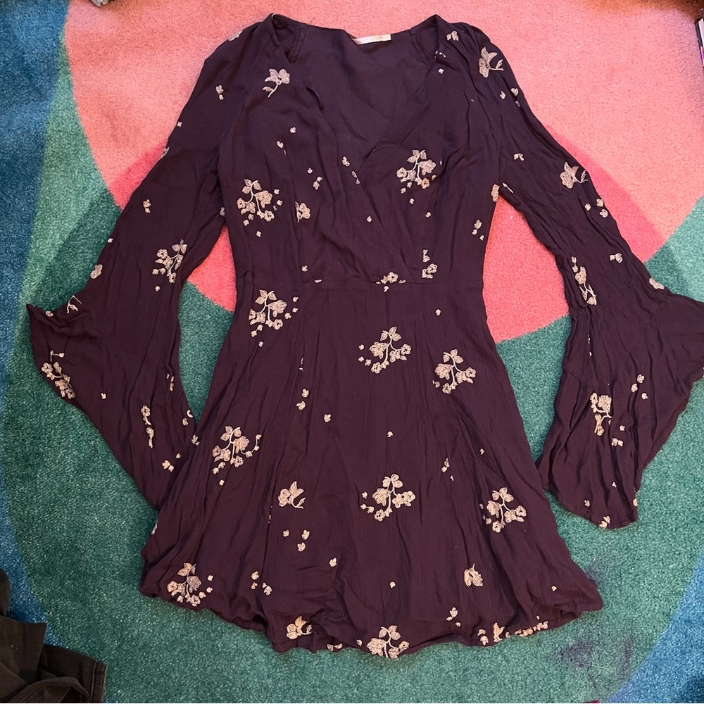 Free People Mini Dress Long Sleeve Bell Flare Embroidered V Neck Witchy Flowy